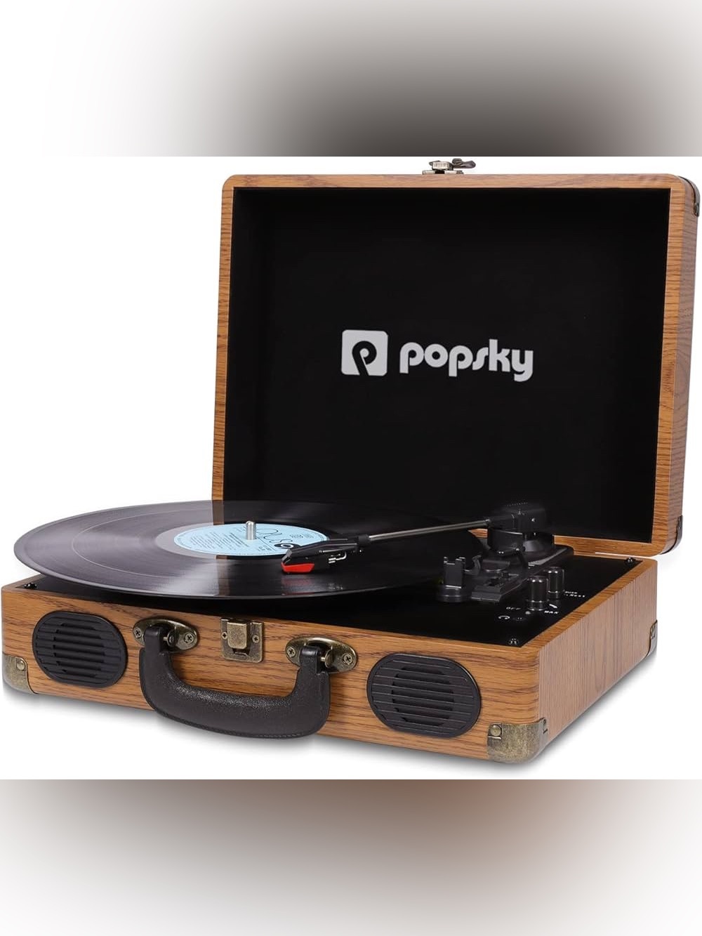 Popsy Portable Vinyl Turntable in Wood Grain and Black
